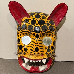 Mexican Colorful Jaguar Mask with Red and Yellow Accents